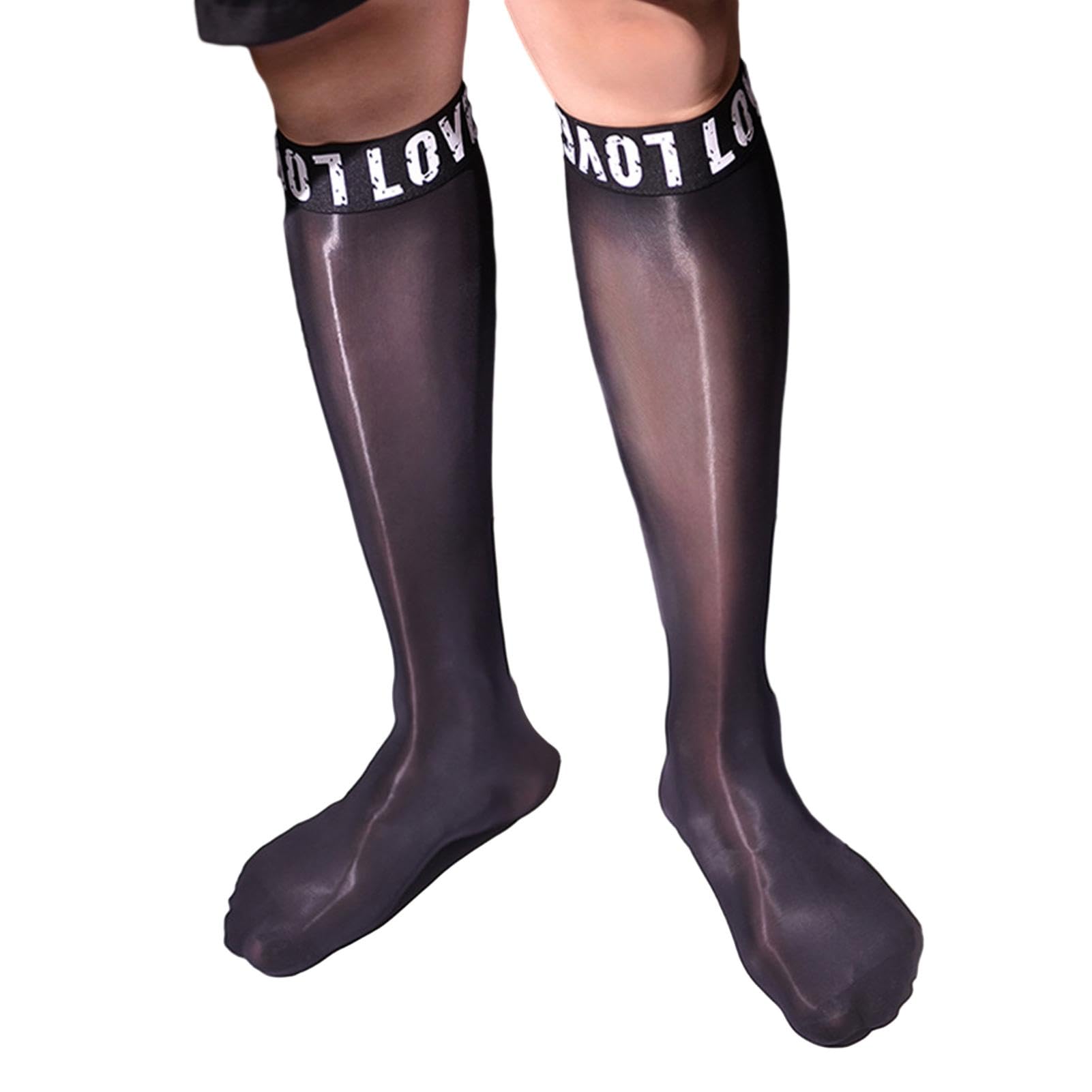 Elertra Men's 8D Nylon Knee High Stockings Oil Shiny Glossy See-through Sheer Hosiery Socks