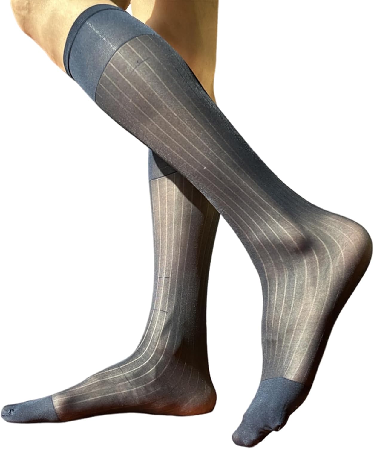 Mens Thin Dress Socks Silk Sheer Formal Business Socks Soft Over the Calf Suit Socks Wide Striped Long Stockings