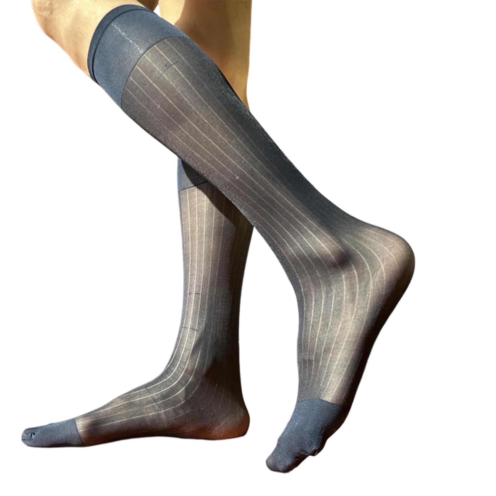 Mens Thin Dress Socks Silk Sheer Formal Business Socks Soft Over the Calf Suit Socks Wide Striped Long Stockings