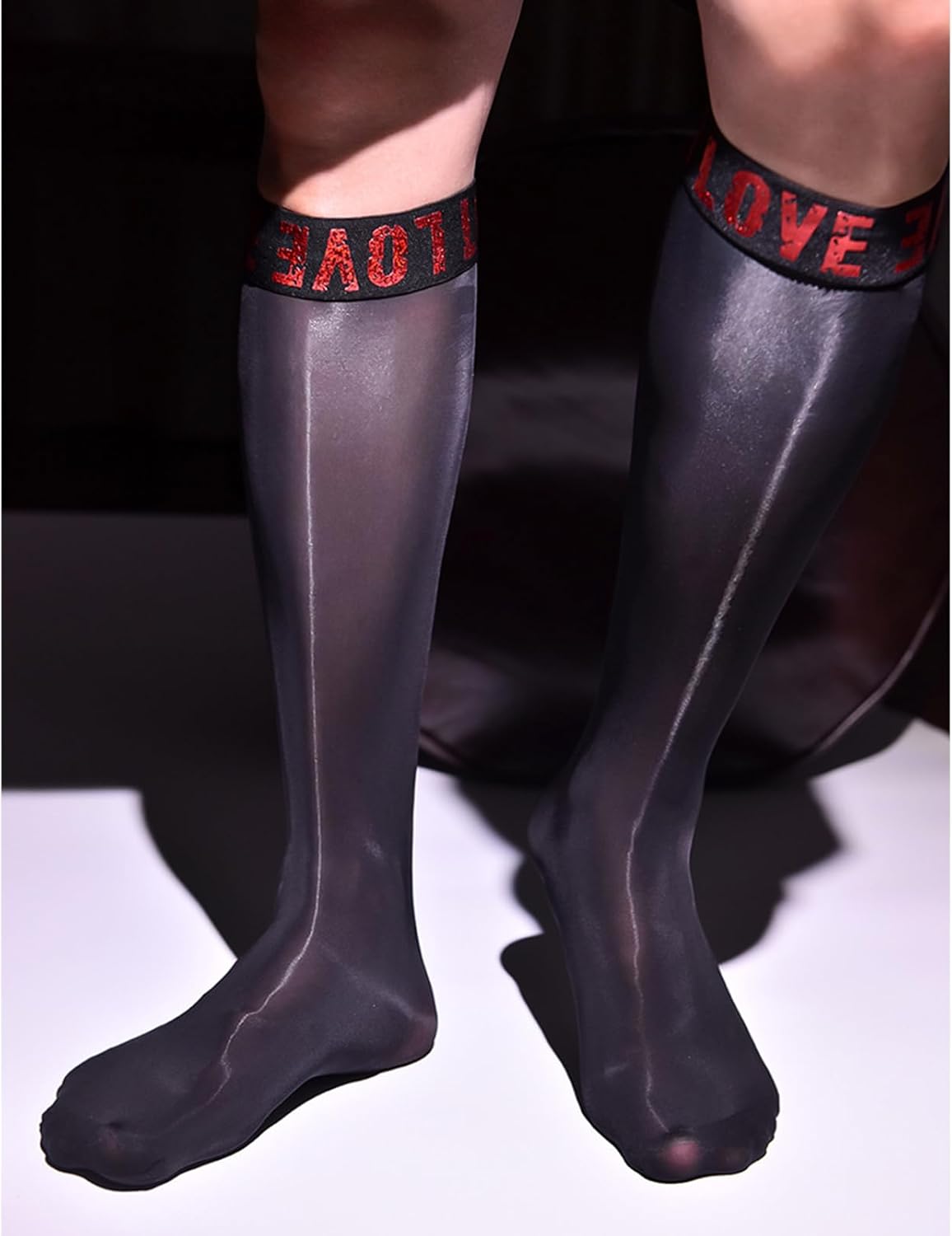 Elertra Men's 8D Nylon Knee High Stockings Oil Shiny Glossy See-through Sheer Hosiery Socks