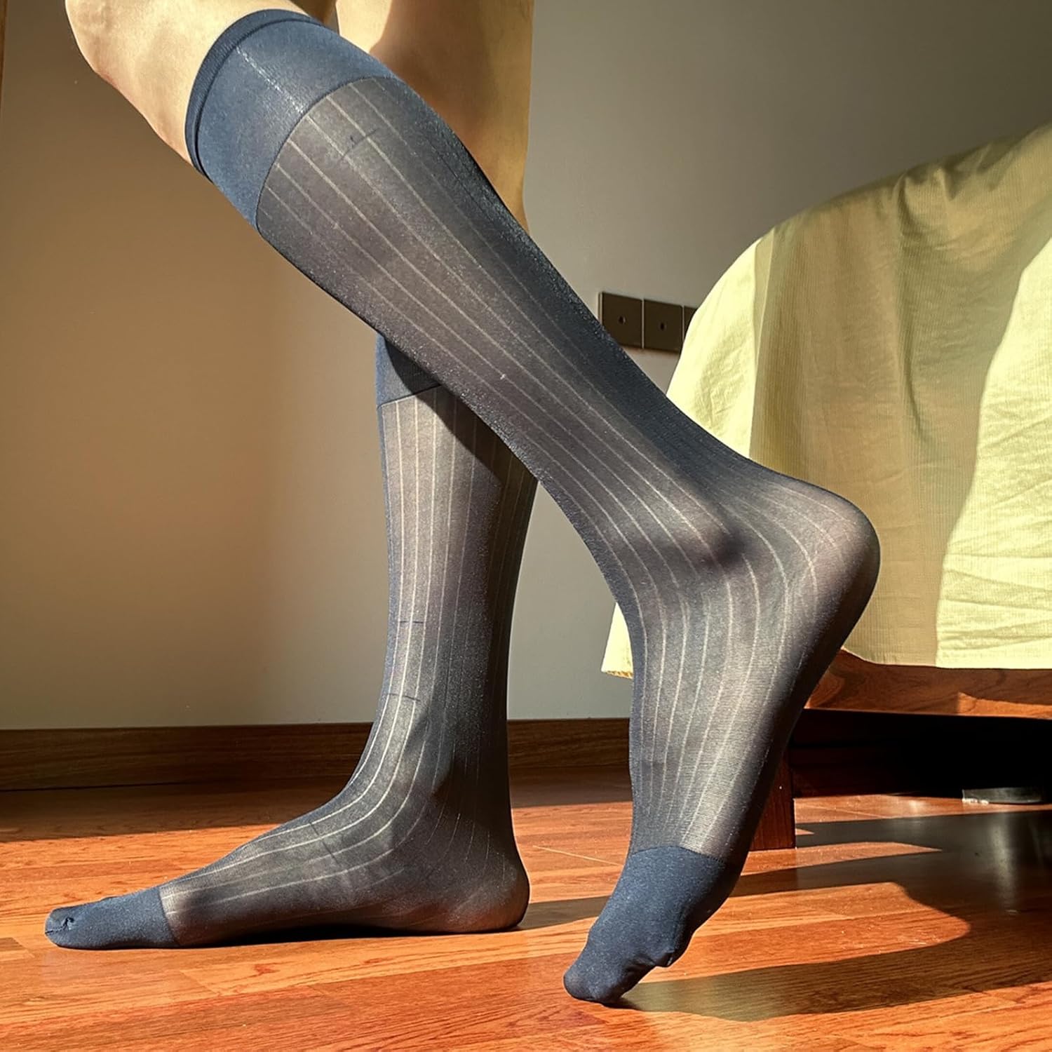 Mens Thin Dress Socks Silk Sheer Formal Business Socks Soft Over the Calf Suit Socks Wide Striped Long Stockings