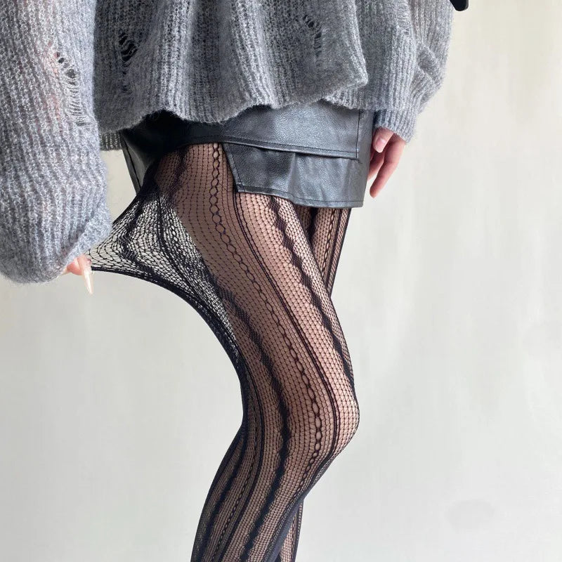 Women Sexy High Waist Fishnet Stockings Mesh Club Tights Panty Knitting Net Pantyhose Ripped Jeans Match Long Socks Lingerie Hot