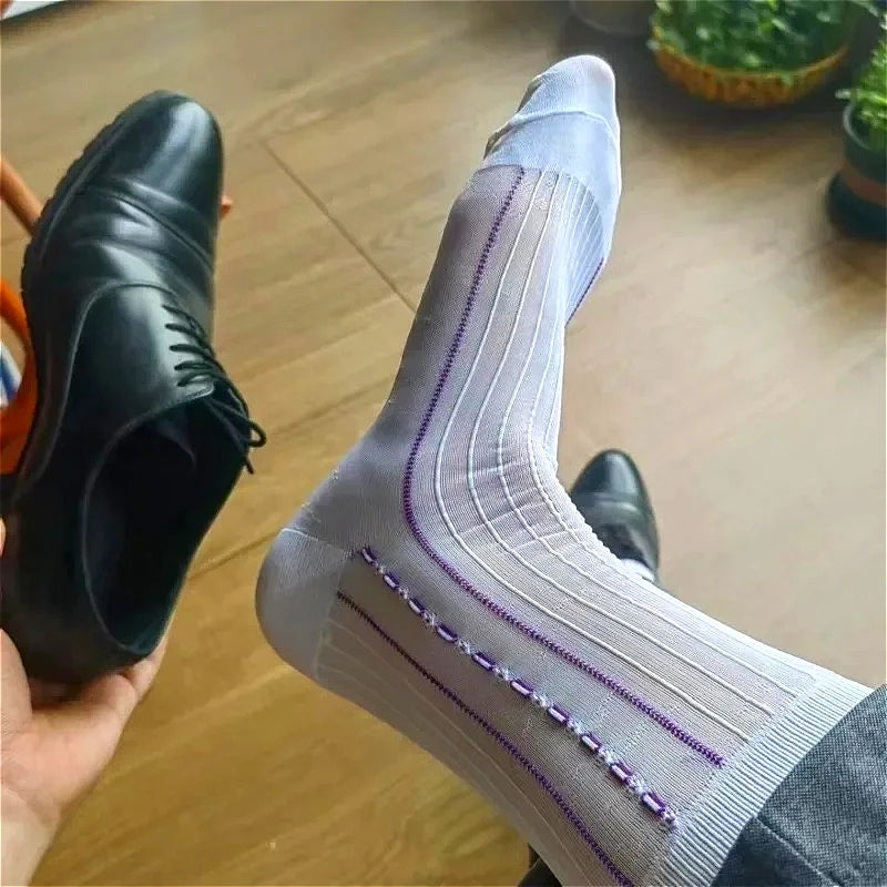 Brand Mens Business Socks Nylon Male Formal Long Ripple Stripe Dress Suit Socks for Man Hose Collection High Quality Breathable