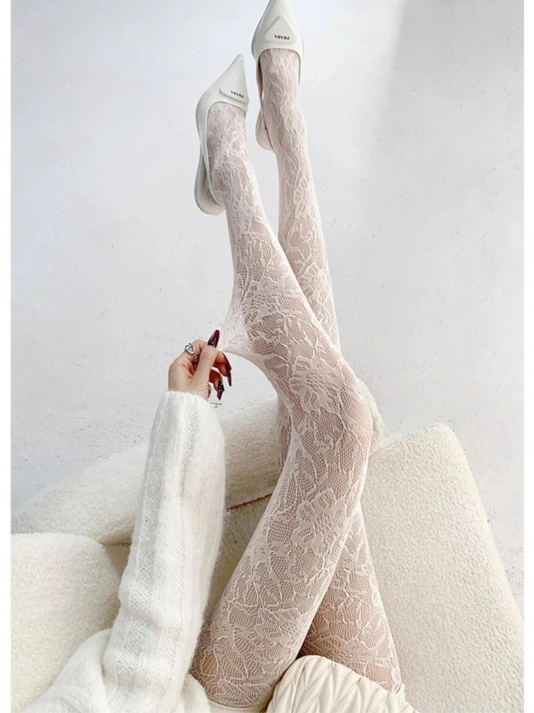 White Socks Women Sexy Fishnet Stockings Femme Summer Thin Flower Mesh Pantyhose Elastic Slimming High Waist Hollow Out Tights