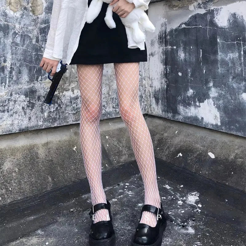Women Sexy High Waist Fishnet Stockings Mesh Club Tights Panty Knitting Net Pantyhose Ripped Jeans Match Long Socks Lingerie Hot