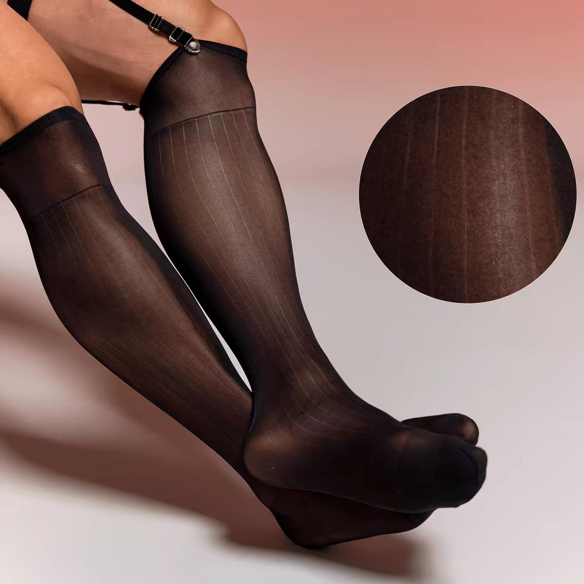 Close view of fine vertical texture on black ultra-sheer knee-high socks