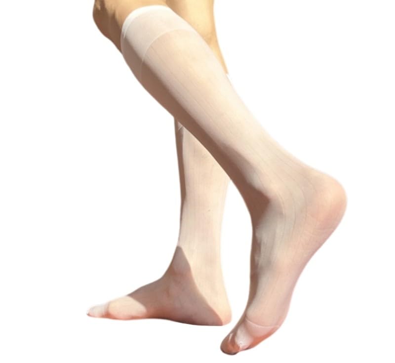 Mens Thin Dress Socks Silk Sheer Formal Business Socks Soft Over the Calf Suit Socks Wide Striped Long Stockings