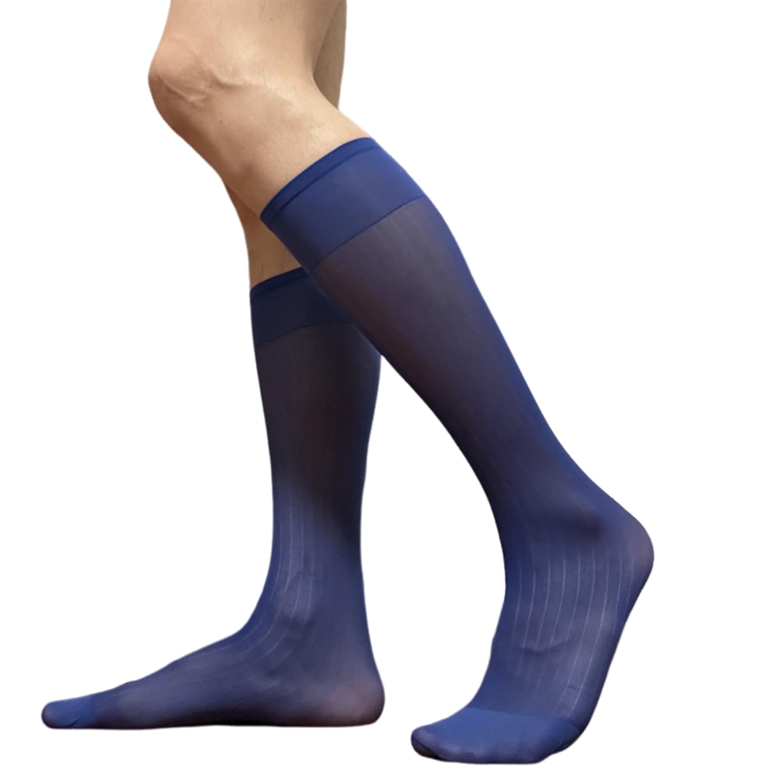 Mens Thin Dress Socks Silk Sheer Formal Business Socks Soft Over the Calf Suit Socks Wide Striped Long Stockings
