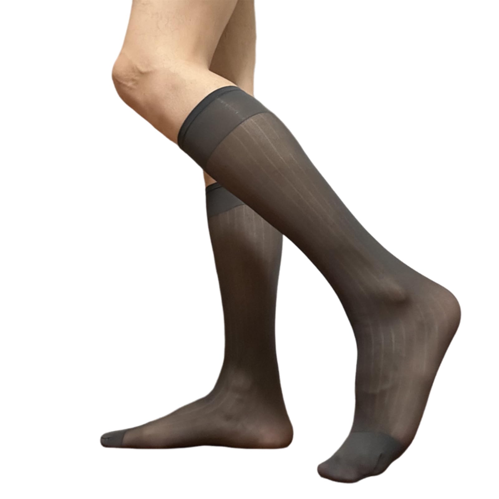 Mens Thin Dress Socks Silk Sheer Formal Business Socks Soft Over the Calf Suit Socks Wide Striped Long Stockings