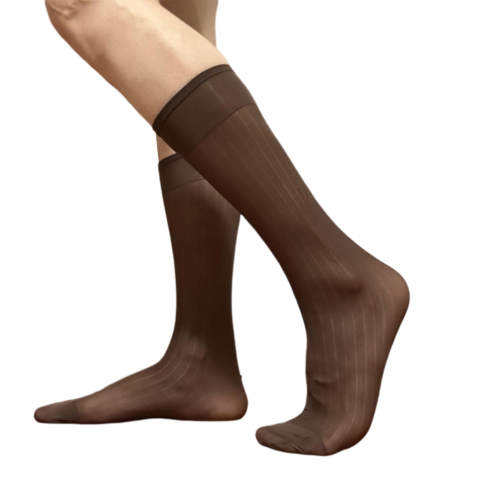 Mens Thin Dress Socks Silk Sheer Formal Business Socks Soft Over the Calf Suit Socks Wide Striped Long Stockings