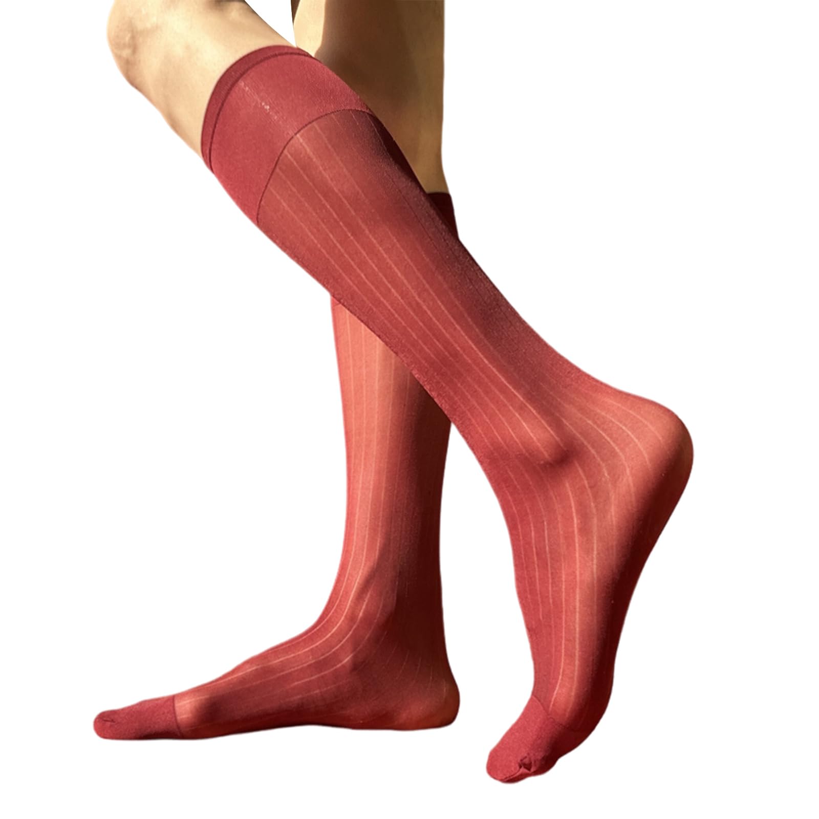 Mens Thin Dress Socks Silk Sheer Formal Business Socks Soft Over the Calf Suit Socks Wide Striped Long Stockings
