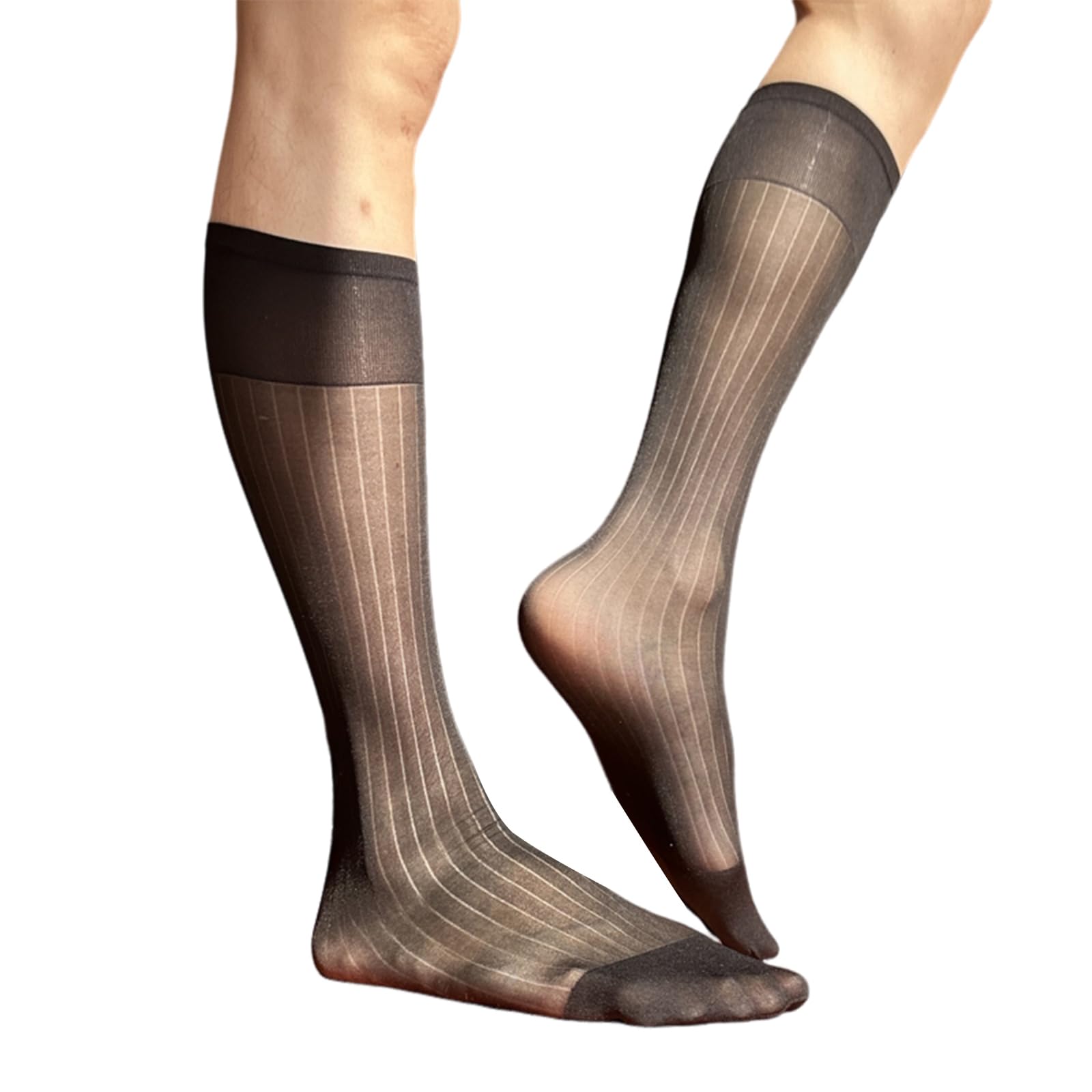 Mens Thin Dress Socks Silk Sheer Formal Business Socks Soft Over the Calf Suit Socks Wide Striped Long Stockings