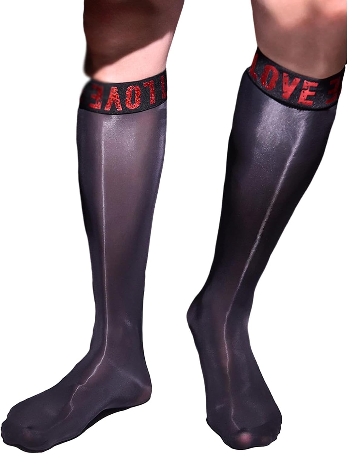 Elertra Men's 8D Nylon Knee High Stockings Oil Shiny Glossy See-through Sheer Hosiery Socks