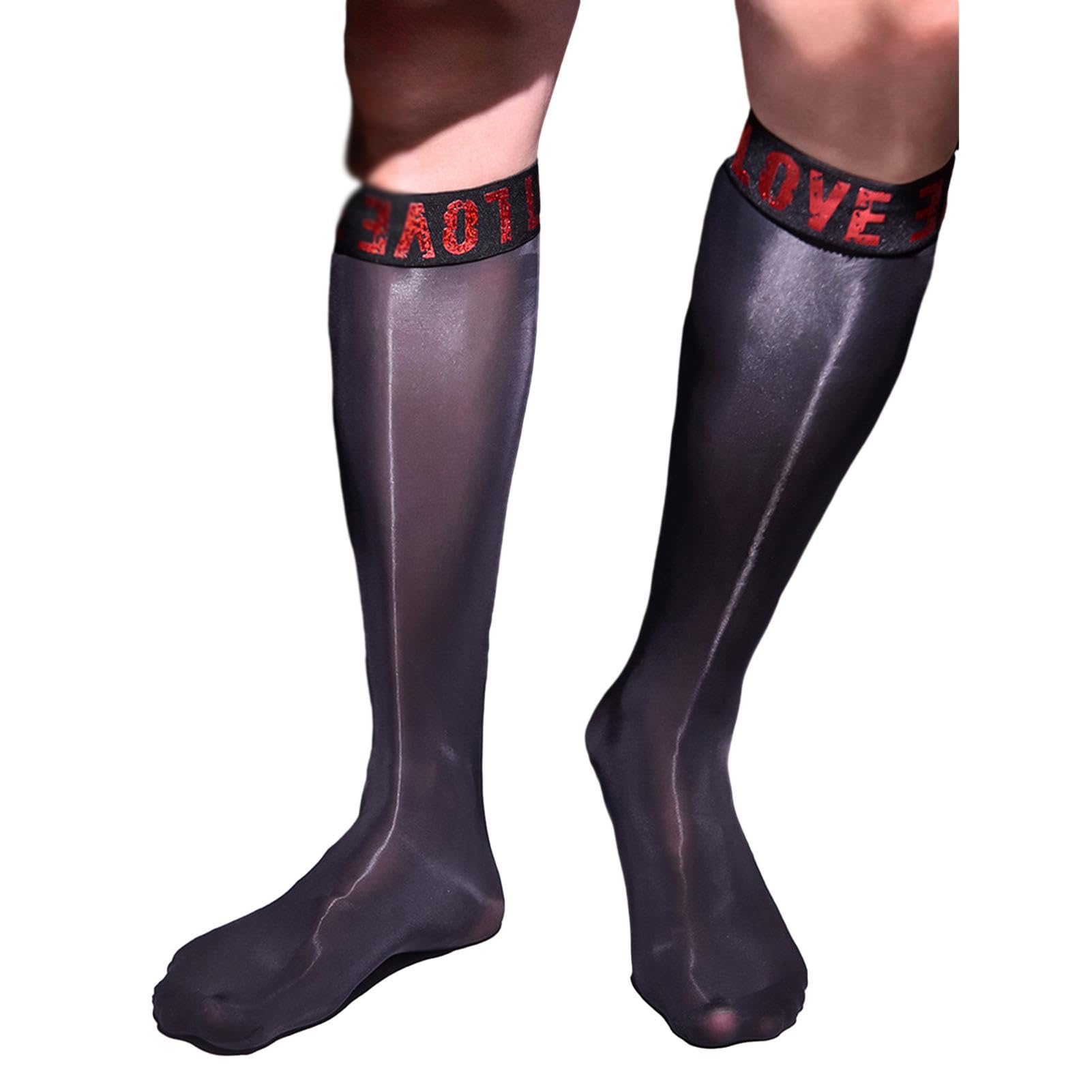 Elertra Men's 8D Nylon Knee High Stockings Oil Shiny Glossy See-through Sheer Hosiery Socks
