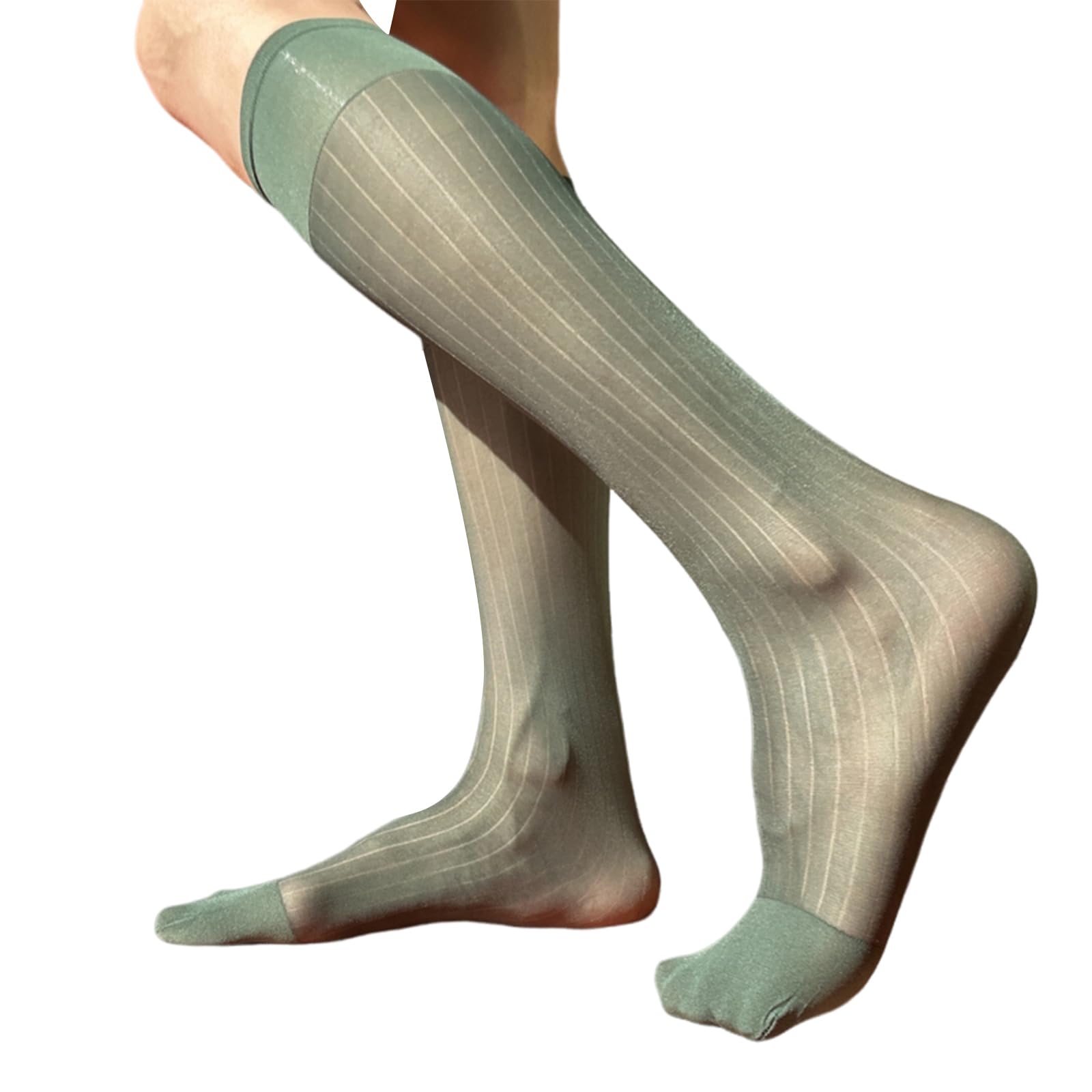 Mens Thin Dress Socks Silk Sheer Formal Business Socks Soft Over the Calf Suit Socks Wide Striped Long Stockings