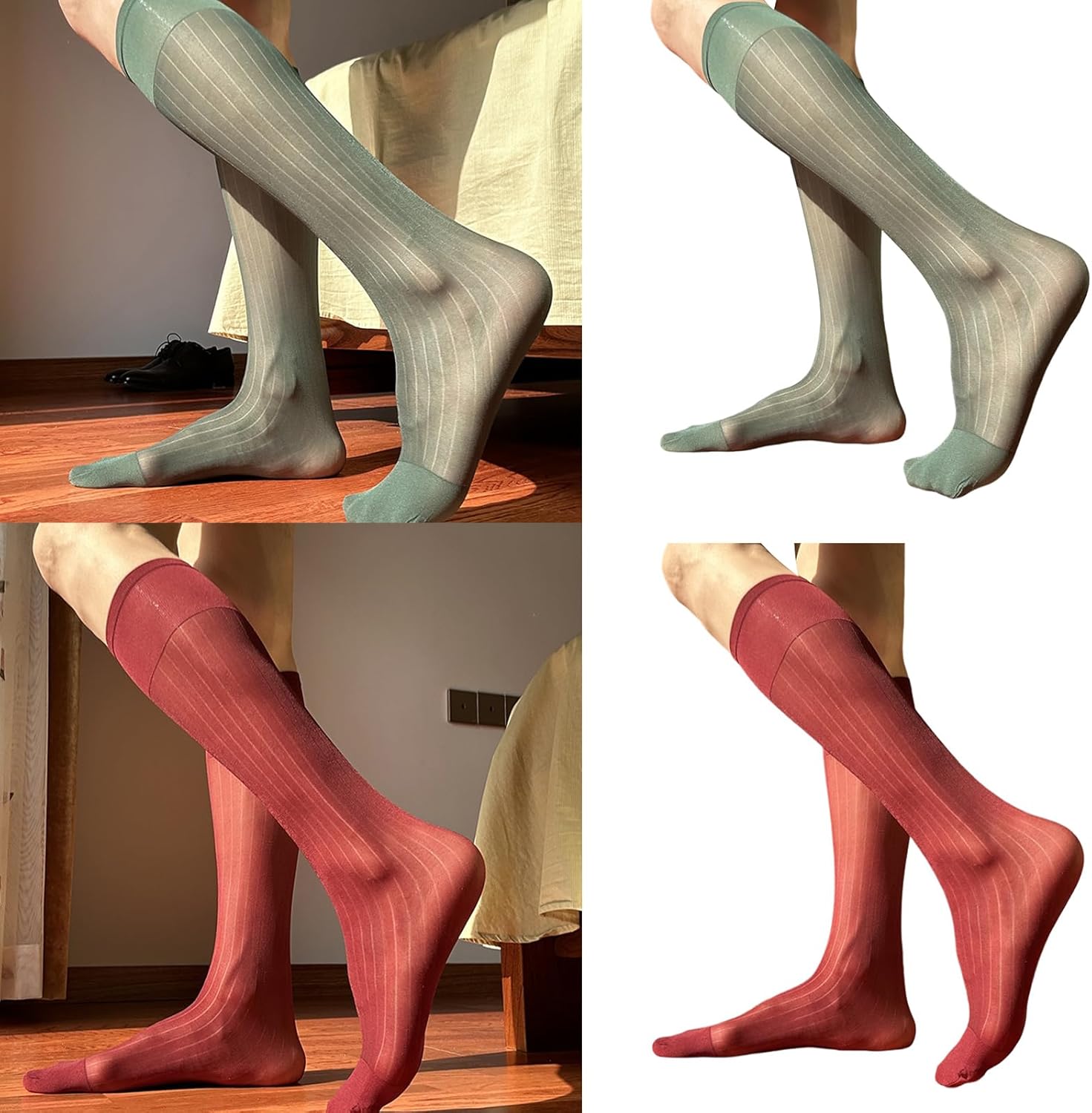 Mens Thin Dress Socks Silk Sheer Formal Business Socks Soft Over the Calf Suit Socks Wide Striped Long Stockings