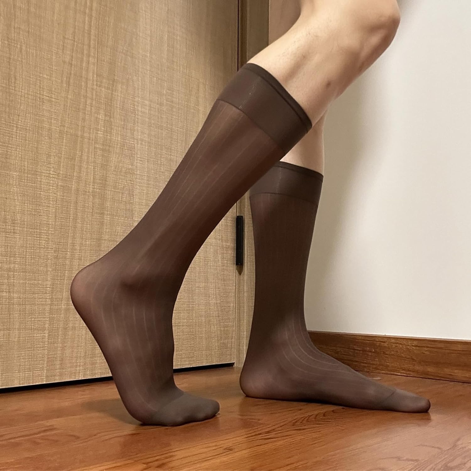 Mens Thin Dress Socks Silk Sheer Formal Business Socks Soft Over the Calf Suit Socks Wide Striped Long Stockings