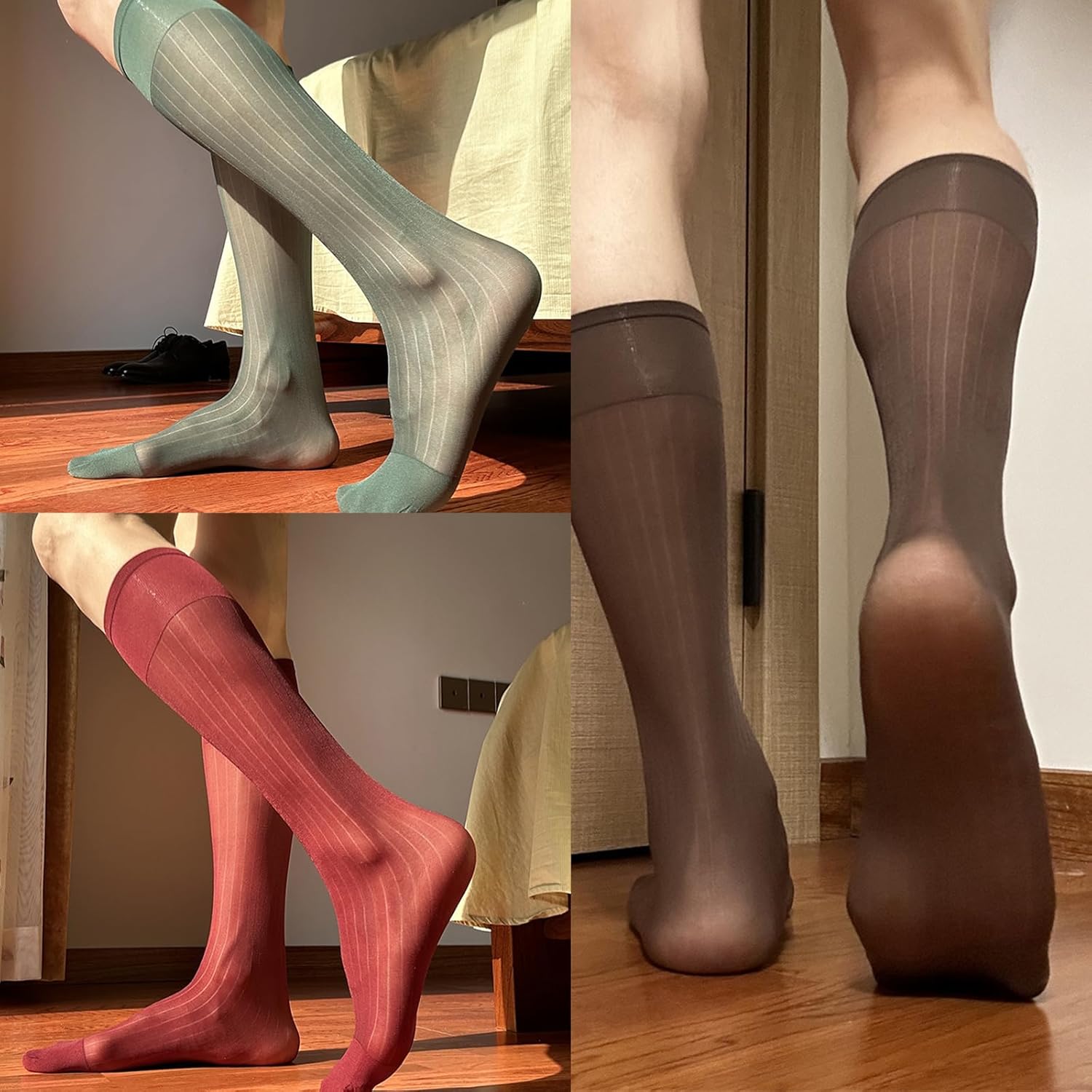Mens Thin Dress Socks Silk Sheer Formal Business Socks Soft Over the Calf Suit Socks Wide Striped Long Stockings