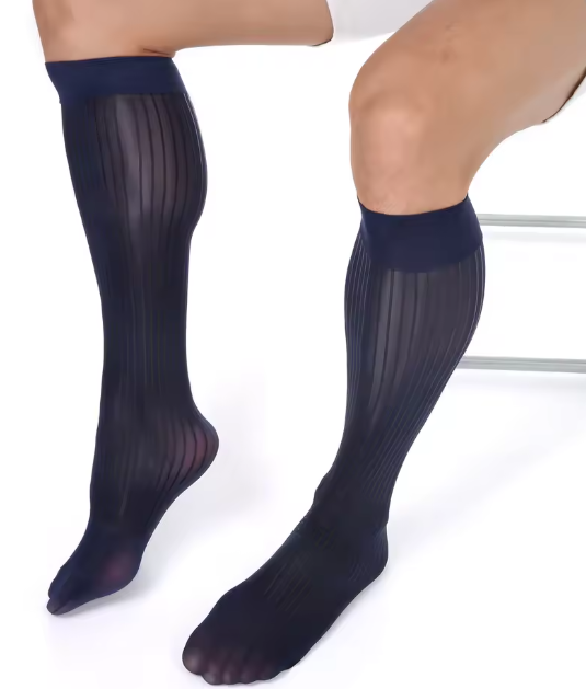 Blue mirror stripe sheer socks for men's dress shoes