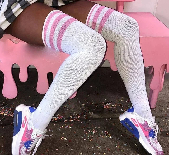 Women Stockings Women Socks Rhinestones Thigh High Over The Knee Socks Cotton Stockings Bling Thigh High Harajuku Hiphop