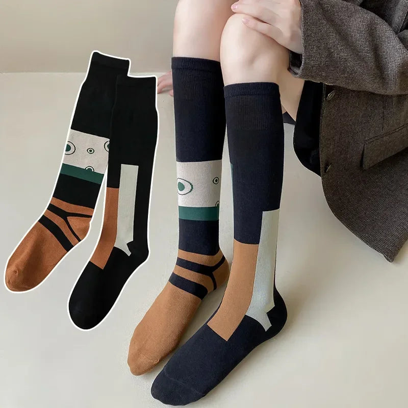 2025 Retro Color Contrast Gradient Stripes AB Knee-length Calf Socks Women Individual Fashion Cotton Sports Socking
