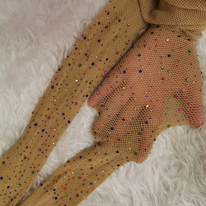 Fishnet Diamond Pantyhose Women  Fashion Shiny Net Tights Female Slim Rhinestone Mesh Nylon Stockings Tights