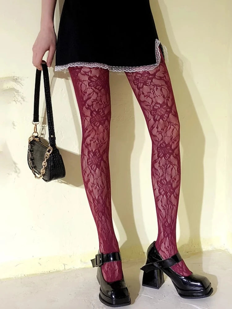 White Socks Women Sexy Fishnet Stockings Femme Summer Thin Flower Mesh Pantyhose Elastic Slimming High Waist Hollow Out Tights