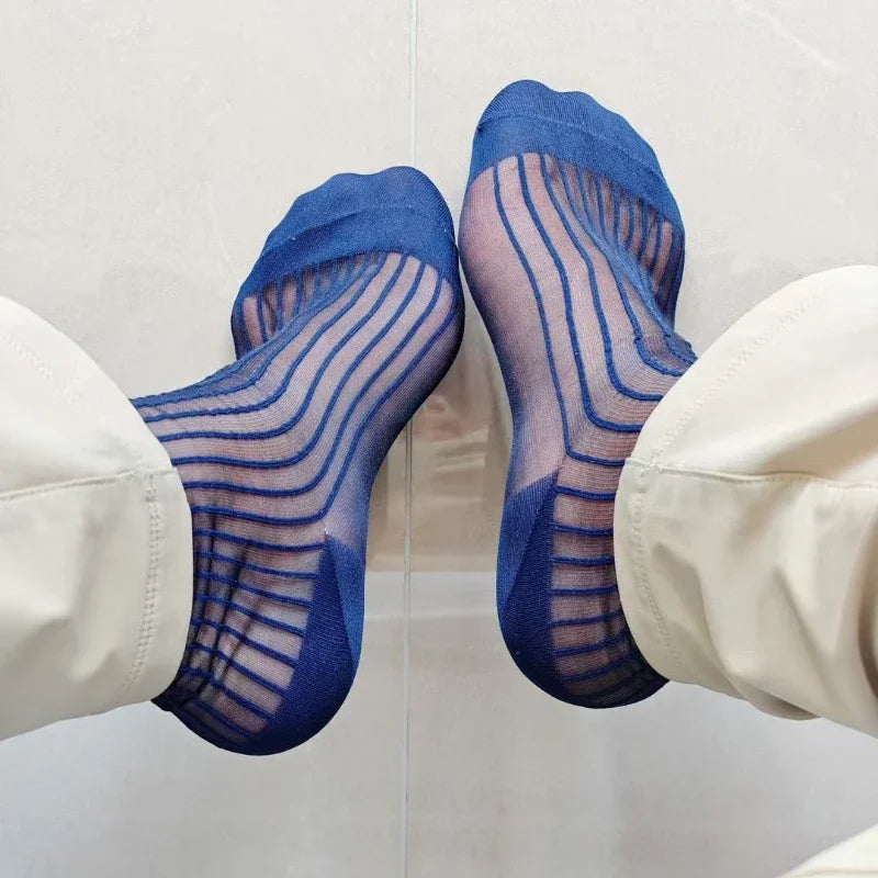 Men Socks Sheer Solid Color Breathable Formal Business Socks for Men Sexy Transparent Stripe Male Dress Socks Gift