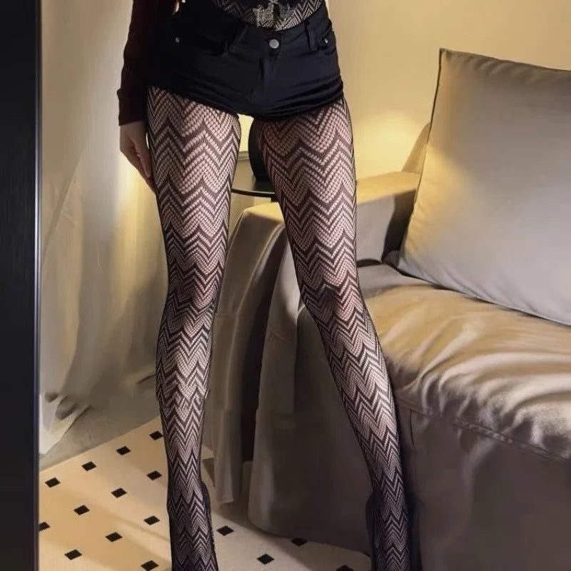 Women Sexy High Waist Fishnet Stockings Mesh Club Tights Panty Knitting Net Pantyhose Ripped Jeans Match Long Socks Lingerie Hot