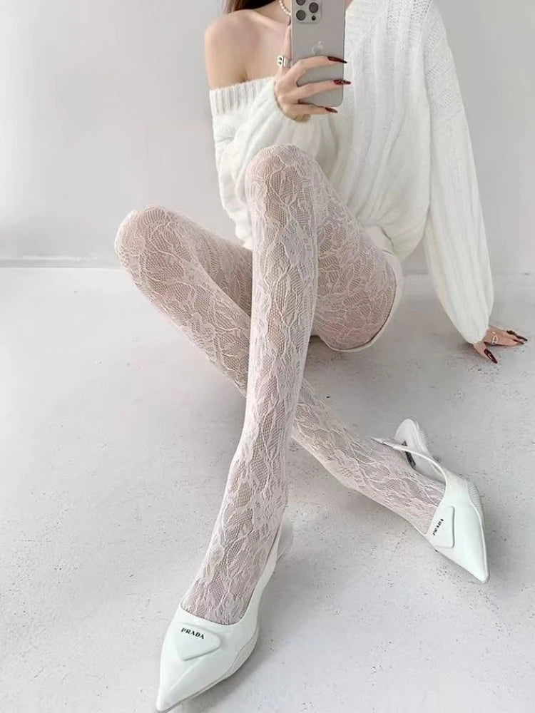 White Socks Women Sexy Fishnet Stockings Femme Summer Thin Flower Mesh Pantyhose Elastic Slimming High Waist Hollow Out Tights