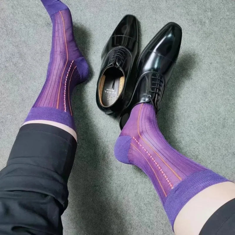 Brand Mens Business Socks Nylon Male Formal Long Ripple Stripe Dress Suit Socks for Man Hose Collection High Quality Breathable