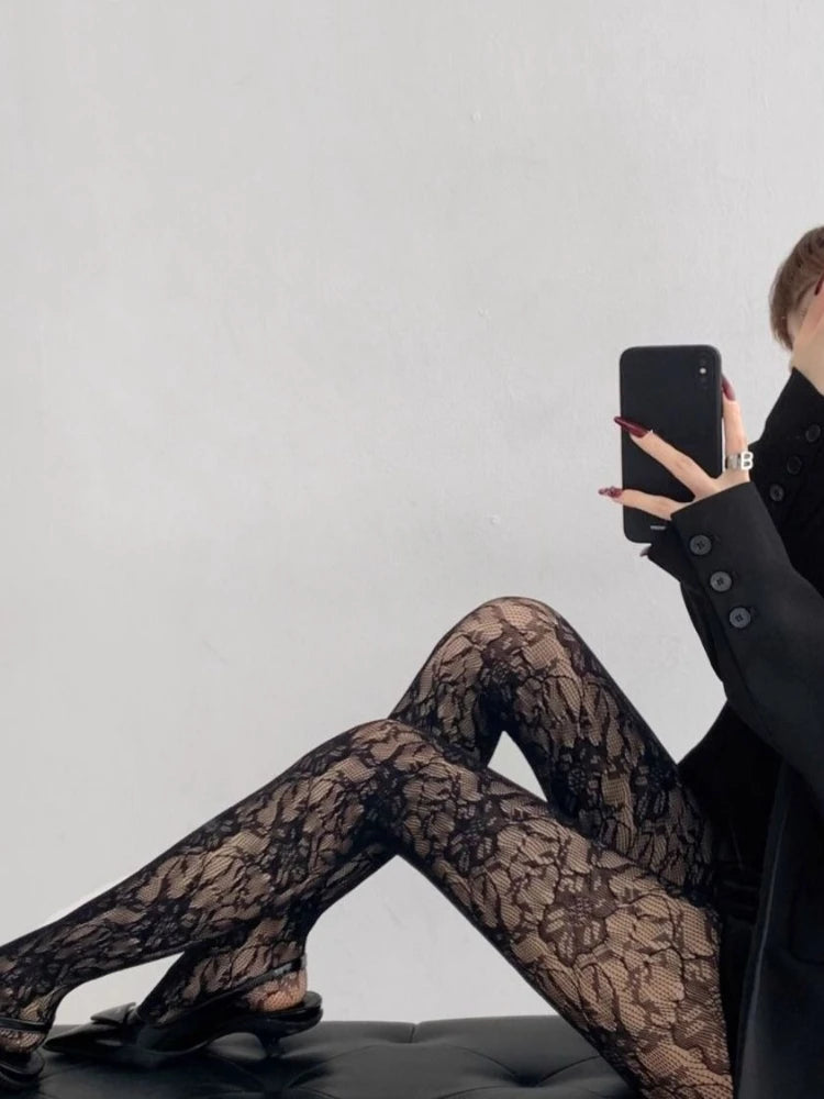 White Socks Women Sexy Fishnet Stockings Femme Summer Thin Flower Mesh Pantyhose Elastic Slimming High Waist Hollow Out Tights