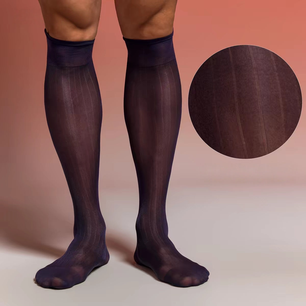 Front fit of black ultra-sheer knee-high socks on an adult model