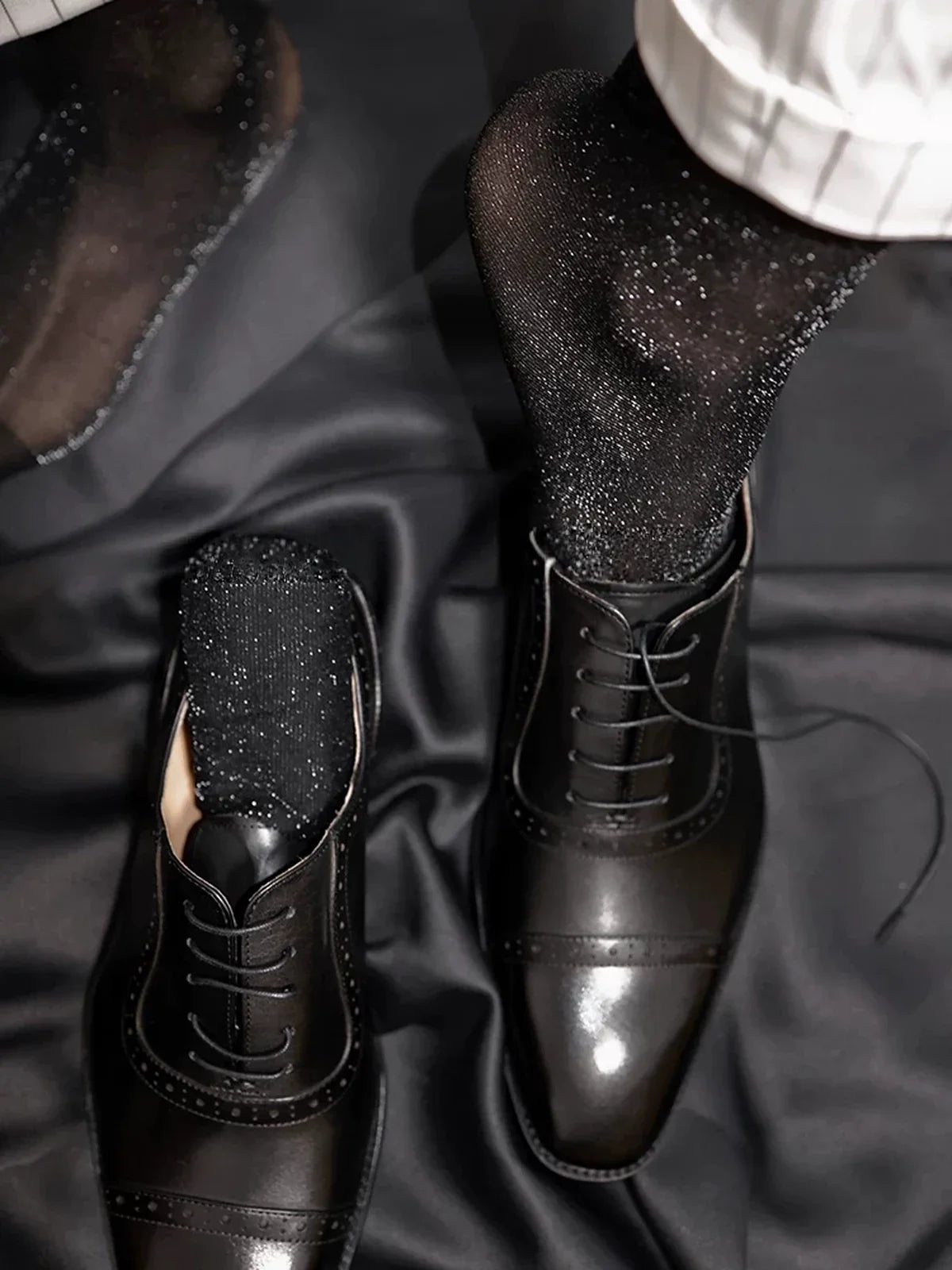 Midnight Galaxy shimmer dress socks styled with black formal shoes